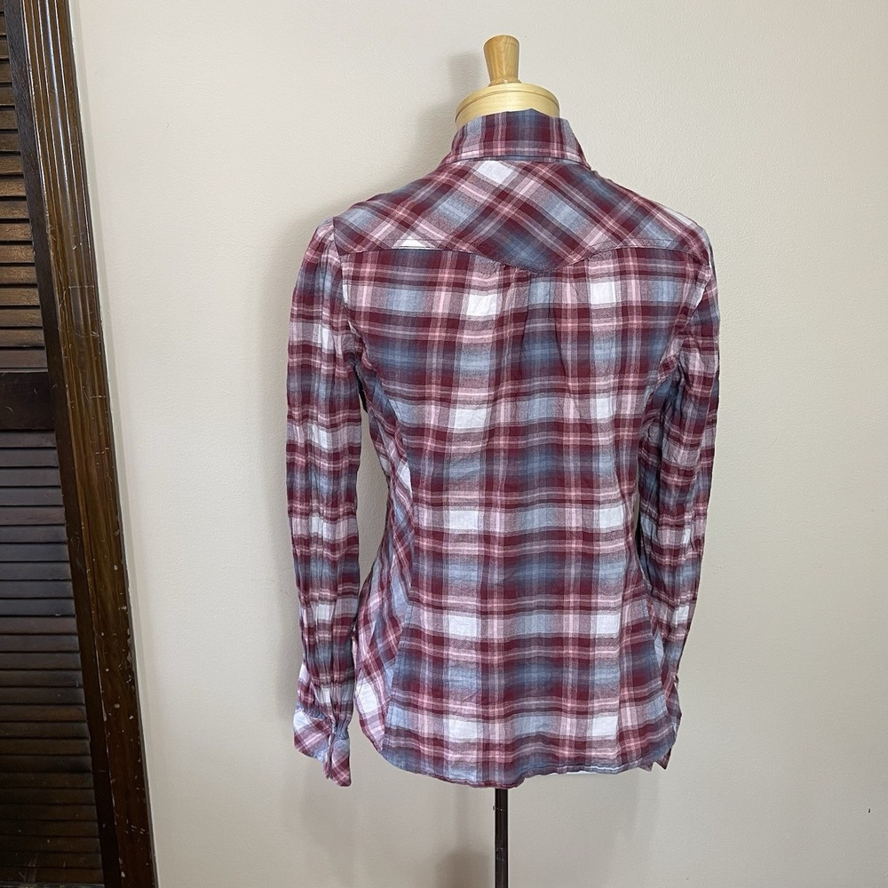 Lucky Brand Blouse Women's Medium Button Up Long Sleeve Plaid‎ Red Pink - Picture 3 of 7